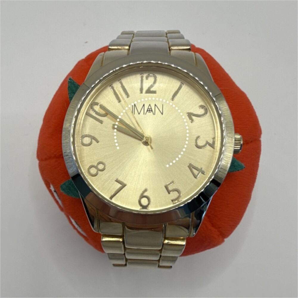 IMAN Gold Tone Quartz Analog Unisex Wristwatch Stainless Steel Works Great